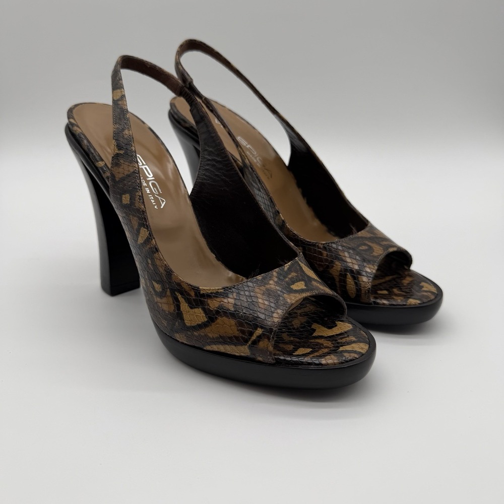 Vintage Via Spiga Leather Reptile Print Slingback Heels Open Toe Y2K Size 6.5